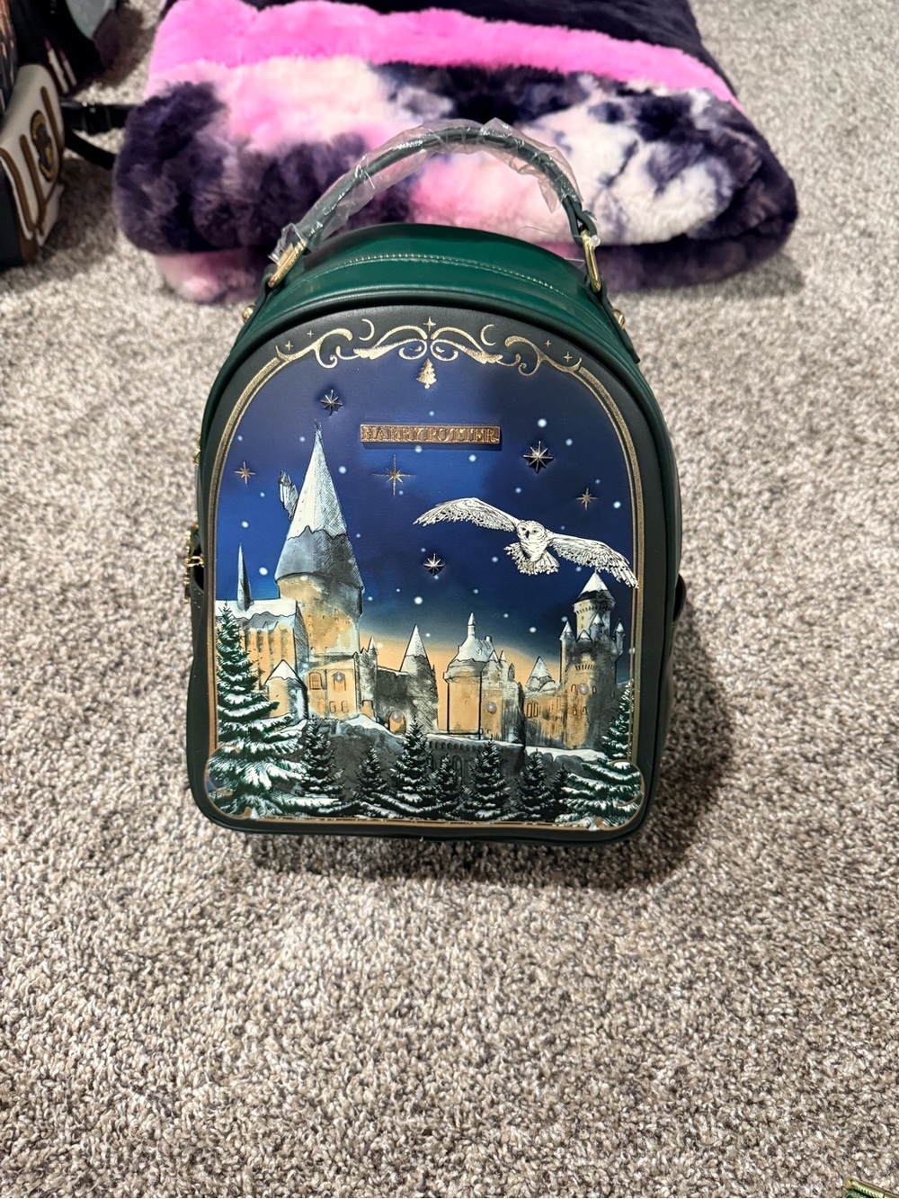 Green Harry Potter Winter Castle Mini Backpack with Night Sky Hedwig